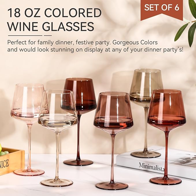 Colored Wine Glasses Set of 6-18oz【Hand Blown】colored Wine Glasses with Stem-Colored Wine Glass