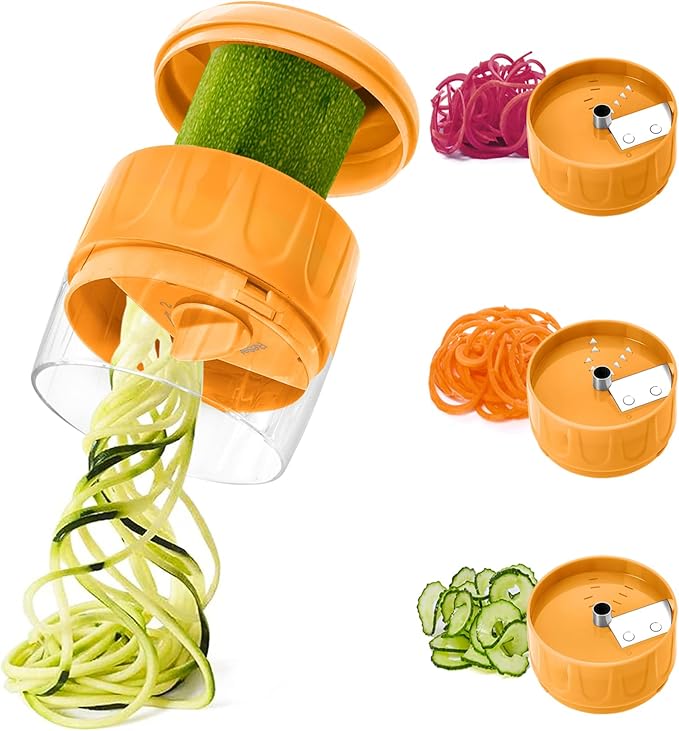 3 in 1 Vegetable Spiralizer Slicer, Adjustable Zucchini Carrot Noodle Maker, Cucumber Spiral Cutter, Easy to Use Kitchen Tool（Orange）