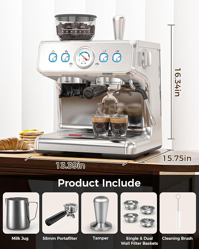 (2025 Upgrade)20 Bar Espresso Machine with Grinder & Milk Frother Steam Wand, Tamping Tools, Expresso Coffee Machines 58mm Commercial Espresso Maker for Home or Café, Perfect for latte, Cappuccino