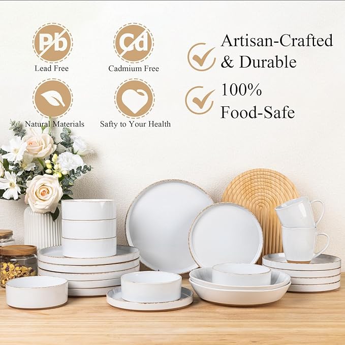 AmorArc Ceramic Dinnerware Sets for 6, 18 Pieces Handpainted Plates and Bowls Set with Rustic Terracotta Underside, Scratch Resistant Stoneware Dishes Set, Dishwasher & Microwave Safe