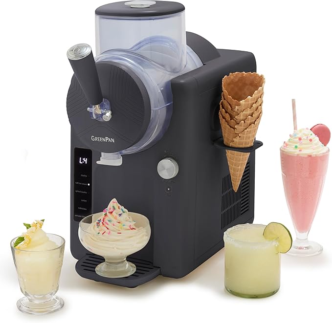 GreenPan Frost Ice Cream Machine & Frozen Drink Maker, Soft Serve, Slushie, Milkshakes & Cocktails, No Freezer Needed, 15-in-1, 7 Textures, Quiet & Rapid, Easy Clean, Family Size, Licorice Gray