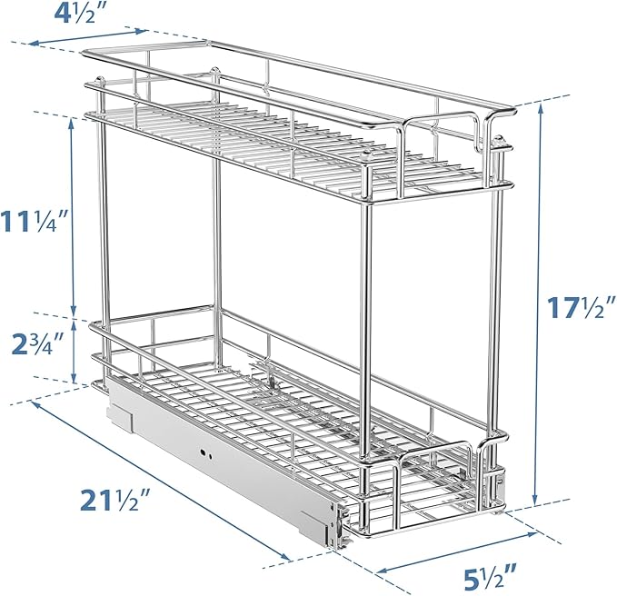 ROOMTEC Pull Out Spice Rack for Narrow Cabinet (5½" W X 21" D),2 Tier Slide Out Cabinet Organizer and Pull Out Shelves Under Cabinet Storage for Kitchen, Chrome