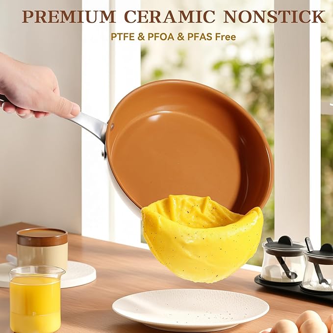 Ceramic Frying Pan, 9.5 Inch Nonstick Pan without PFAS, PTFE, or PFOA, Stainless Steel Base Ceramic Skillet for All Cooktops, Oven & Dishwasher Compatible