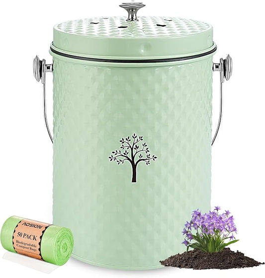 AOSION Countertop Compost Bin Kitchen，Odorless Indoor Compost Bin with Lid and Compost Bags,Compost Bucket Composter Container for Food Waste,Green