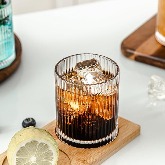 Set of 8 Ribbed Glassware, 4 Large Glasses 13 oz, 4 Rocks Glass Cups 10 oz