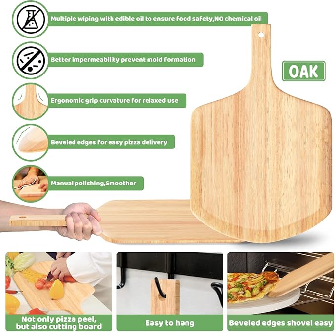 5 PCS Large Pizza Stone Set,Heavy Duty 16" Pizza Stone for Oven and Grill with Handle Rack,Pizza Peel(OAK), Pizza Cutter Rocker & Cooking Paper,Large Baking Stone for Pizza, Bread