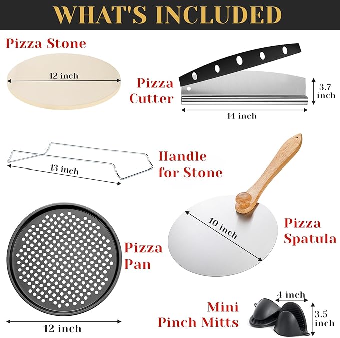 5-Piece Pizza Set: 13-Inch Round Pizza Stone for Oven & Grill with Rack, Cutter, Peel, Pan & Mini Mitts, Baking Stone for Bread