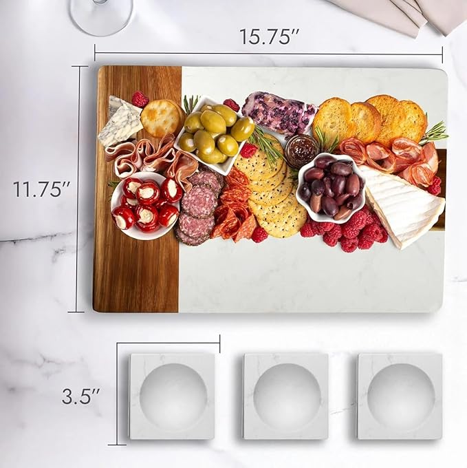 Personalized Charcuterie Board Gift Set | Custom 15.75" x 11.75" White Marble & Acacia Wood Cheese Board with Serving Bowls | Perfect Housewarming + Wedding + Couples Gift Idea