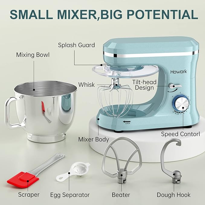 HOWORK Electric Stand Mixer,10+p Speeds With 6.5QT Stainless Steel Bowl,Dough Hook, Wire Whip & Beater,for Most Home Cooks,Blue