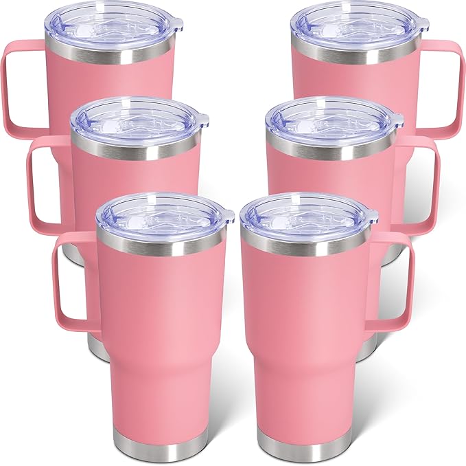20 oz Tumbler with Handle and Lid, Stainless Steel Tumbler Insulated Travel Coffee Mug, Spill Proof Double Wall Vacuum Tumbler Cup Keep Drink Hot & Cold, Pink, 6 Pack