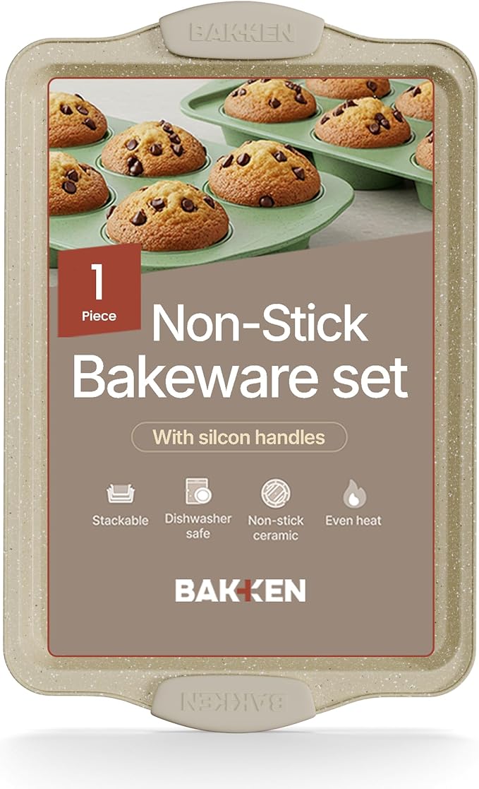 BAKKEN Kitchen Baking Pans - 15.15 x 10.03" Medium Nonstick Sheet, Durable Carbon Steel Cookie Sheet with White Silicone Handles, PFOA, PFOS, PTFE Free, Oven Safe Tray (Up To 450°F), Set of 1