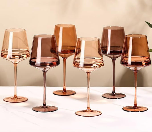 Brown Wine Glasses Set of 6-18oz【Hand Blown】 Crystal Amber Stemmed Venus Wine Glasses-Brown Wine Glass set for Fall Autumn Winter Wine Dinner