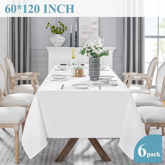 VidaFete Tablecloth 60 * 120inch 6pack Rectangle Table Cloth Polyester, Stain Wrinkle Resistant Dining Table Cover for Kitchen Dinning Party Wedding Rectangular Tabletop Buffet Decoration(White)