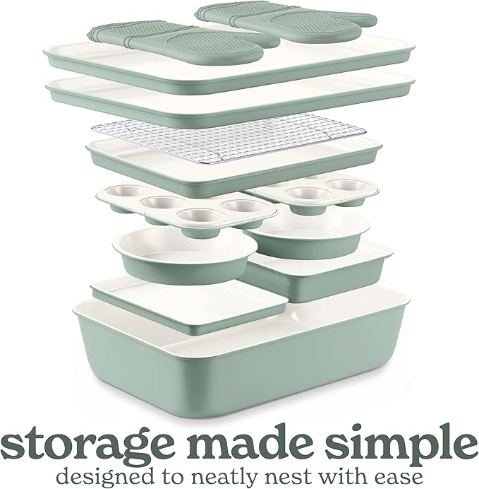 Country Kitchen Nonstick Stackable Bakeware Set - Deluxe Heavy Duty, Durable, Easy Release Baking Set, Sage, 13 Pcs with Handles