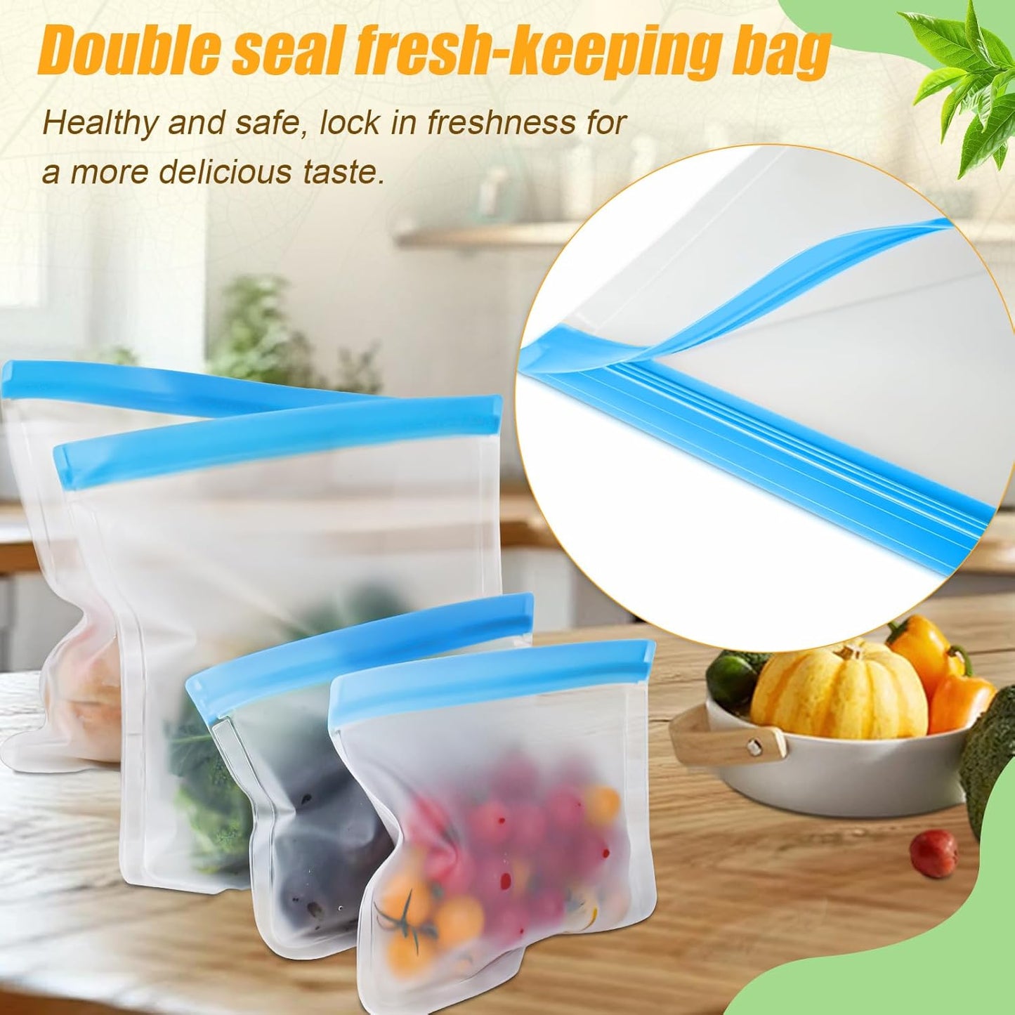 10 Pack Reusable Storage Bags, Dishwasher Safe Reusable Silicone Leak proof Freezer Bag for Food Storage Containers, Lunch, Sandwich, Marinate Meat, Salad Fruit 11'' x 10.6''
