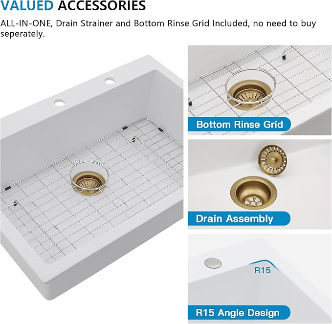 33 Granite Composite Kitchen Sink - Fulorni 33"×22" Granite Kitchen Sink Drop In Topmount White Quartz Classic Above Counter Single Bowl Sink Basin