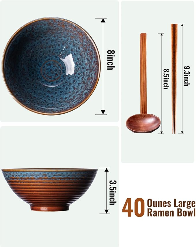 8 Inch 40oz Large Japanese Ramen Bowl Set of 2,Material Safety Ceramic Ramen Bowls with Matching Chopsticks and Spoons, Pho Bowls Ramen Noodle Bowl for Asian Udon Soup Salad Cereal(Peacock Tail)