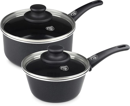 GreenLife Soft Grip 1QT and 2QT Saucepan Set, Healthy Ceramic Nonstick, Non Toxic PFAS & PFOA-Free, Dishwasher Safe, Glass Lids, Stay-Cool Handles, Easy Clean Cookware, Kitchen Essentials, Black