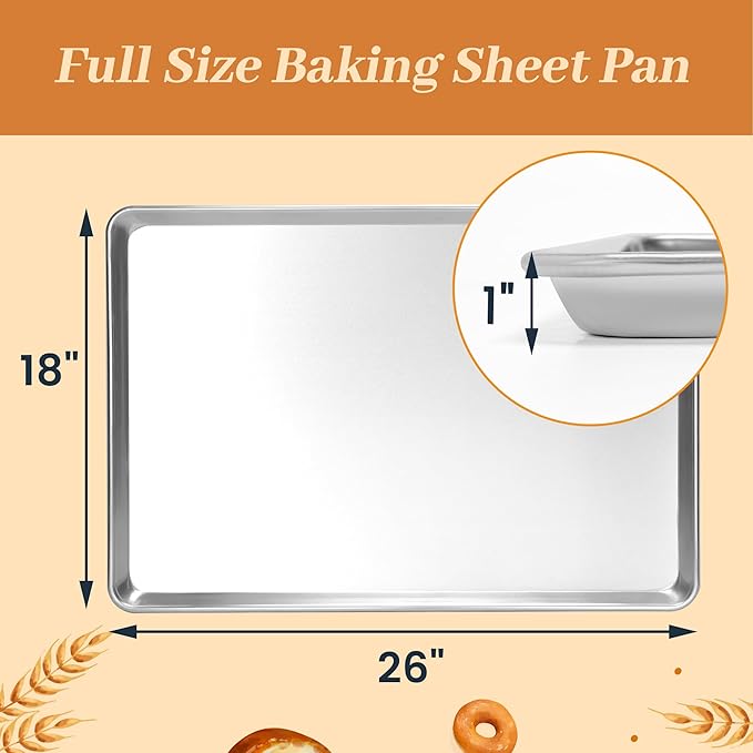 6 Pack Full Size Baking Sheet Pans, Aluminum Commercial Cookie Sheets Non-Stick, 26"x18"