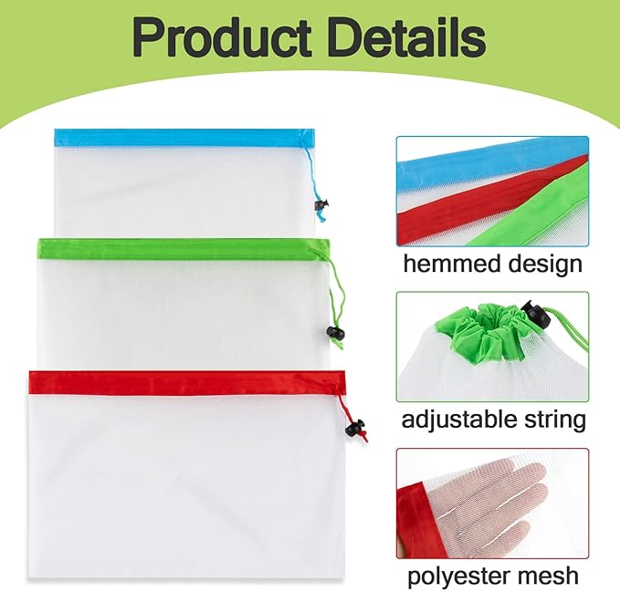 MAQIHAN 6pcs Reusable Produce Bags - Mesh Produce Bags Drawstring Reusable Washable Vegetable Storage Bags Refrigerator Keep Fresh Grocery Food Fruits Veggie Green Net Bag Toy Storage Zero Waste Shop
