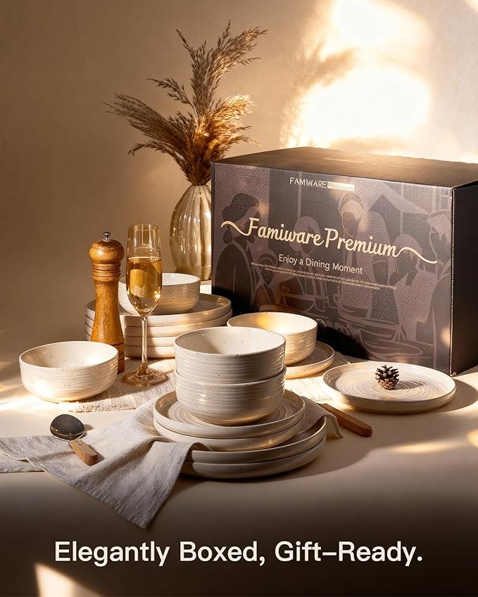 Stoneware Dinnerware Sets, Plate and Bowl Sets for 6, 18 Pieces Spiral Flared Dishware Set with Speckles & Reactive Glaze - Microwave and Dishwasher Safe Tableware, Shell Beige