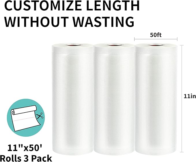 Happy Seal Vacuum Sealer Bags 11" x 50' 3 Pack for Food Saver, Rolls for Custom Fit Airtight Food Storage, Meal Prep or Sous Vide, Commercial Grade Vacuum Seal Freezer Bags