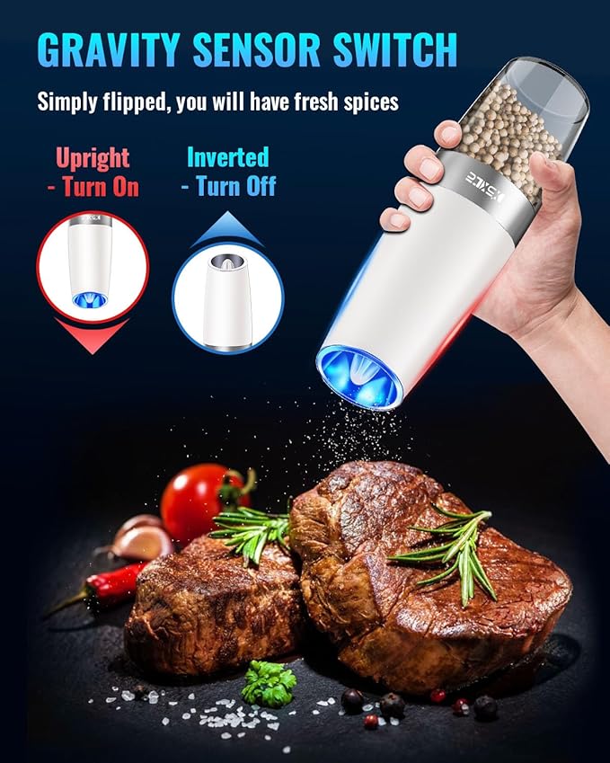 XinXu Electric Pepper Grinder, Salt or Pepper Mill & Adjustable Coarseness, Battery Powered with LED Light, One Hand Automatic Operation (Set/Snow White)