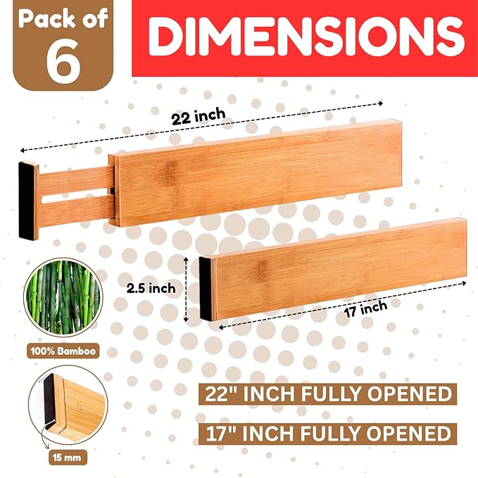 6 pcs Bamboo Kitchen Drawer Dividers Large, Adjustable Drawer Organizers, Spring Loaded, Works in Kitchen, Dresser, Bathroom, Bedroom, Drawer, Desk divider