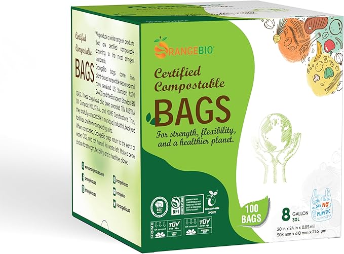 OrangeBio 6~8 Gallon Compostable Trash Bags, 100 Count, Plant-Based Garbage Bags for Kitchen, Bathroom, Office & Food Waste – Durable, Leak-Proof, ASTM D6400 & BPI Certified