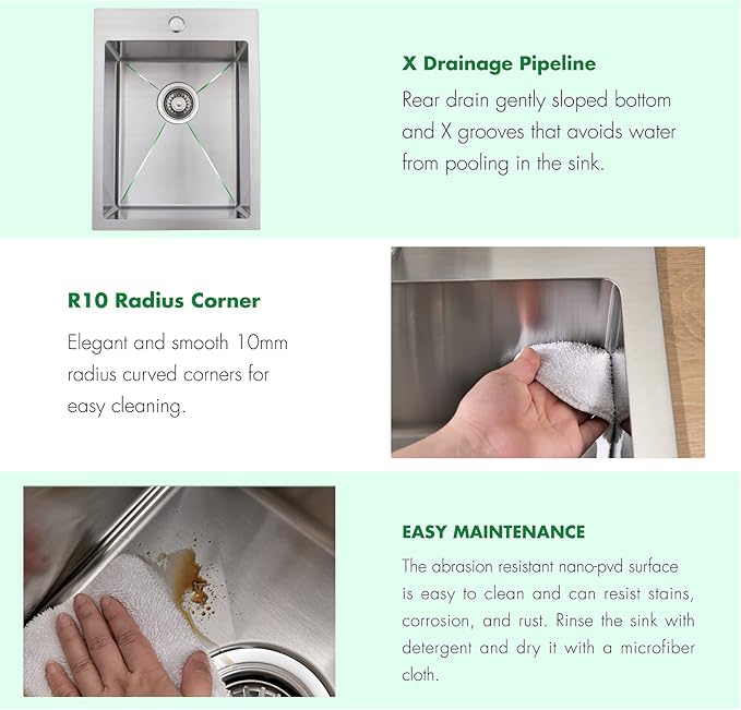 Drop In Kitchen Sink, 15 x 20 x 10 Inch 16 Gauge Single Bowl Topmount Wet Bar Sink T-304 Stainless Steel RV Kitchen Sinks