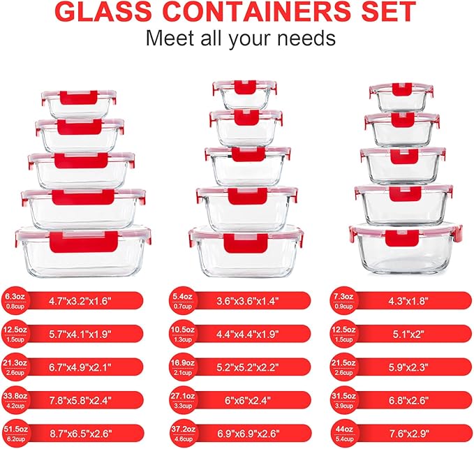 KOMUEE 30 Pieces Glass Food Storage Containers Set, Meal Prep Containers Set with Snap Locking Lids, Airtight Glass Lunch Containers, Microwave, Oven, Freezer & Dishwasher, Red