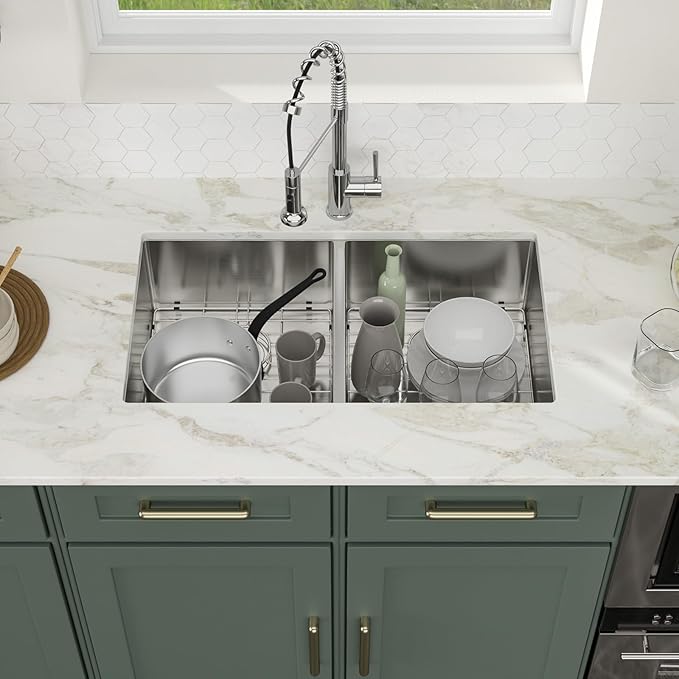 Logmey 33 Inch Double Bowl Undermount Kitchen Sink 33x19x9 Inch 50/50 Nano Coating Stainless Steel 16 Gauge Handmade Kitchen Sink