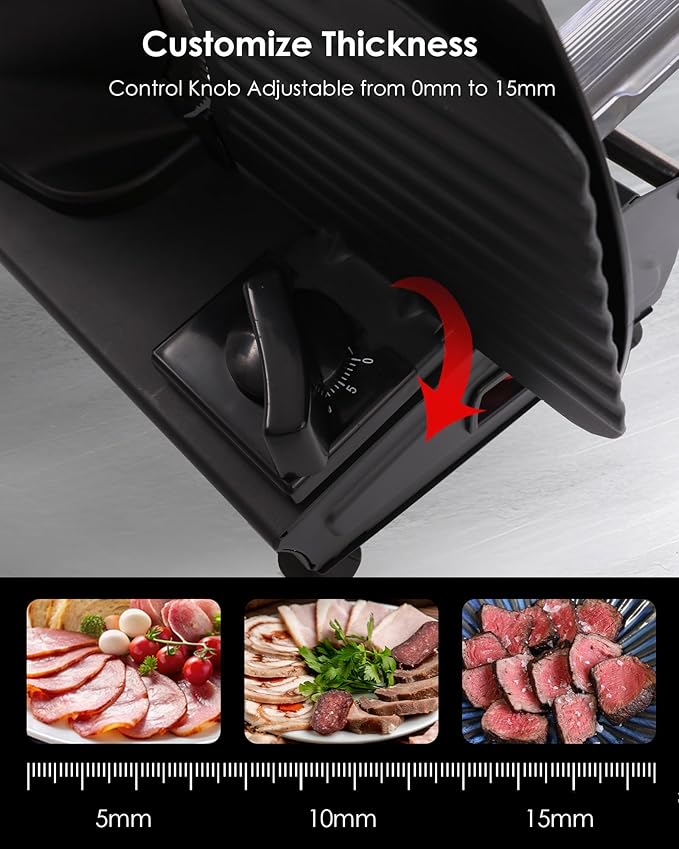 Meat Slicer, Electric Meat Slicer with 7.5" Stainless Steel Blade, Adjustable Thickness Deli Slicers for Home Use, Easy to Clean, Cuts Meat, Bread, Cheese and Deli, Black