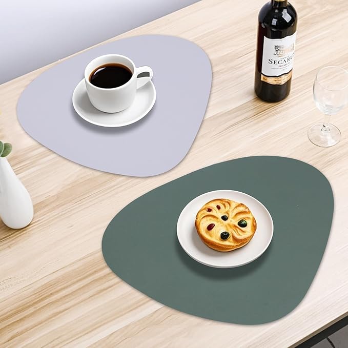 Faux Leather Placemats Set of 6 Reversible,Round PU Placemat for Dining Table,Waterproof Table Mats Heat Resistant Wipeable Anti Slip Washable,Modern Table Protectors(Green and Grey)