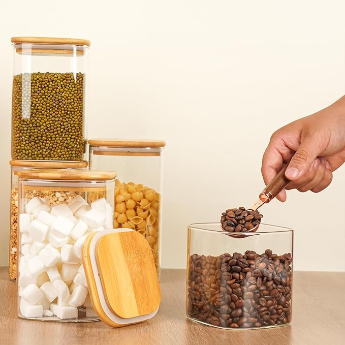 5 Set Glass Jars with Bamboo Lids, Square Food Storage Containers, Glass Pantry Storage Containers with Lids for Pasta, Cereal, Flour, Sugar