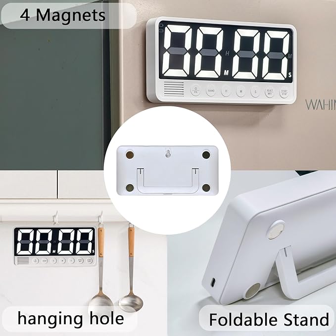 FCXJTU Digital Kitchen Timer - 7.1” Extra Large Display LED Magnetic Rechargeable Countdown/Up Timer, with 6 Alarms 4 Levels Volume Memory Function for Cooking, Classroom, Office, Home Gym (White)