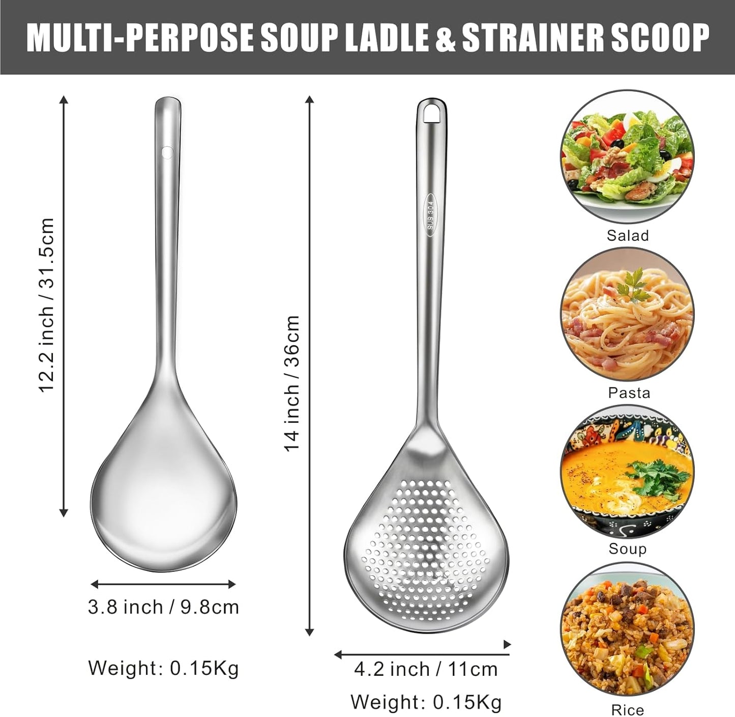 Large Serving Cooking Spoon Set, Stainless Steel Soup Gravy Ladle, Solid Slotted Metal，for Mixing, Serving, Stirring (2-Piece)