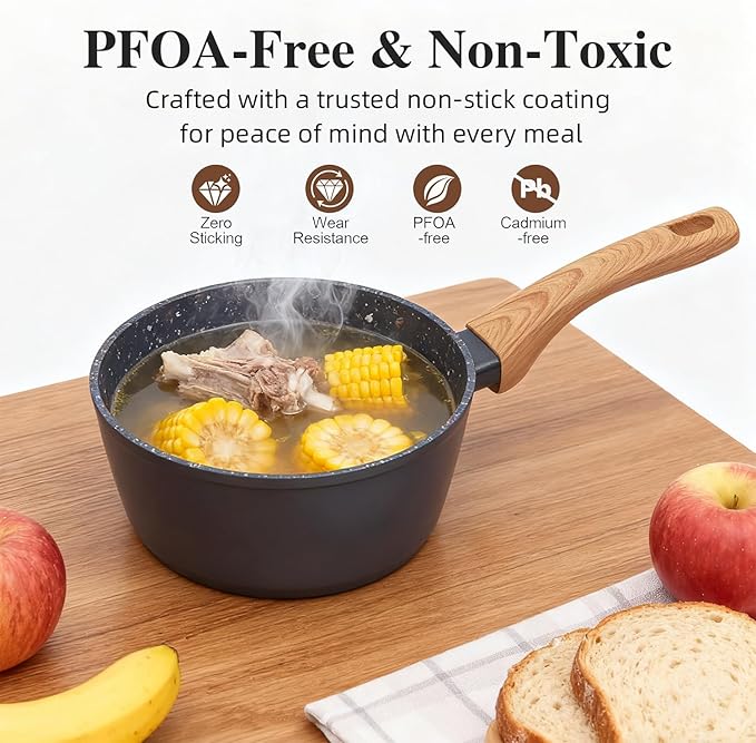 3-Piece Nonstick Cookware Set, 8.5 Inch Frying Pan & 2 Pots with Lids | PFAS & PFOA Free Non-Toxic Coating | Induction Compatible, Dishwasher Safe | Pots and Pans Set for Beginner Kitchen