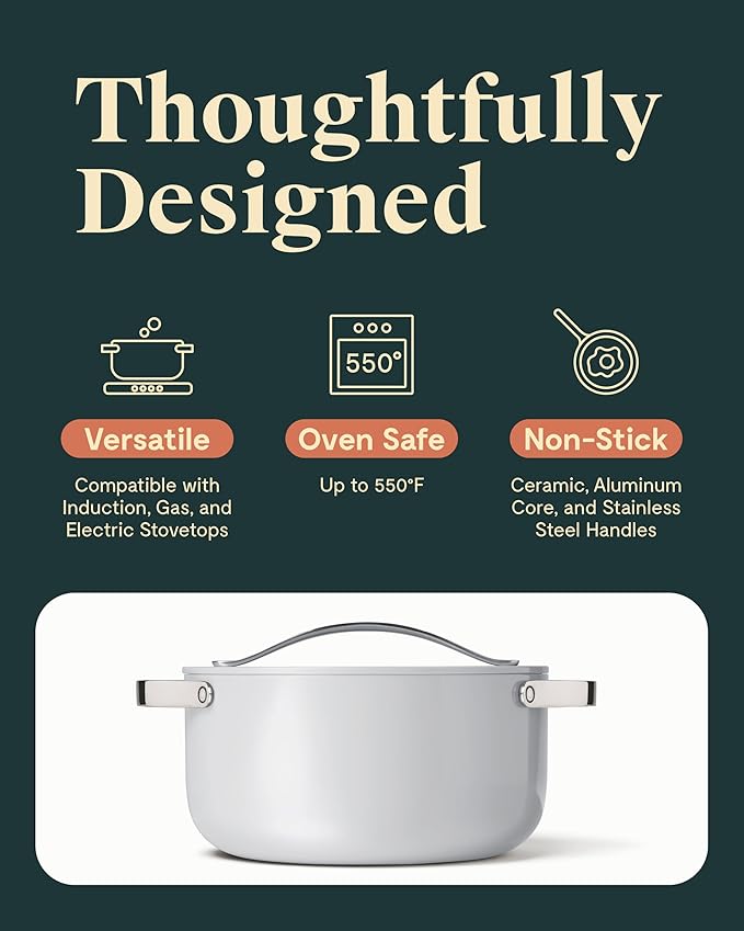 Caraway Nonstick Ceramic Dutch Oven Pot with Lid (6.5 qt, 10.5") - Non Toxic, PTFE & PFOA Free - Oven Safe & Compatible with All Stovetops (Gas, Electric & Induction) - Gray