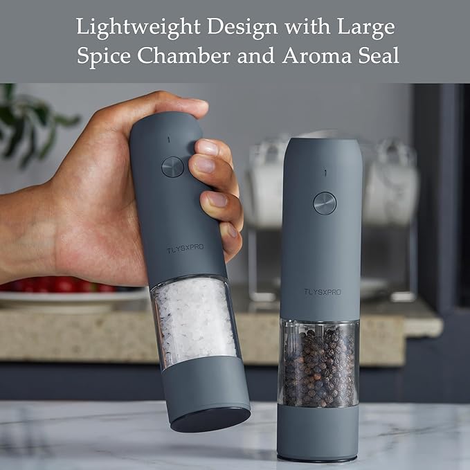Electric Salt and Pepper Grinder Set, USB Rechargeable, Automatic Salt and Pepper Mill Grinder with Adjustable Coarseness, Electric Salt Shakers, LED Light, Refillable (2 Packs, Greige)