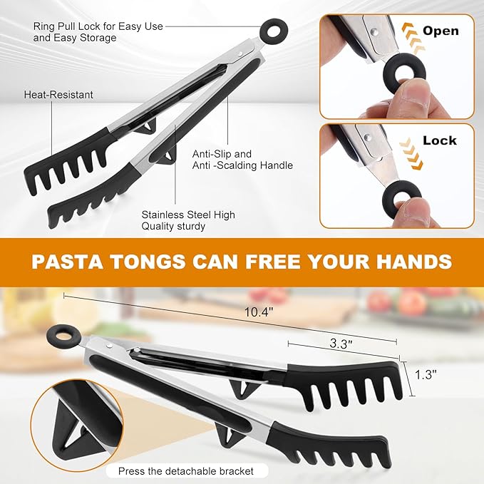 Upgraded Silicone Spaghetti Spoon and Pasta Tong Set – Sturdy Pasta Fork with Teeth, Noodle Spoon Server, and Multi-Purpose Tongs for Cooking and Serving