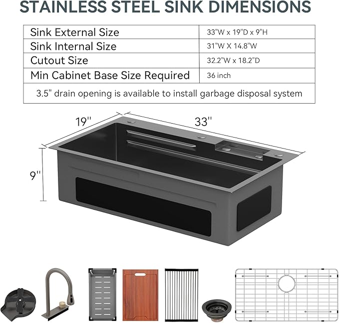 Lordear 33 Watefall Kitchen Sink Drop In - 33x19X9 Sink Stainless Steel 16 Gauge Single Bowl Multifunctional Workstation Sinks with Built-in Accessories,Glass Rinser and Faucet Included