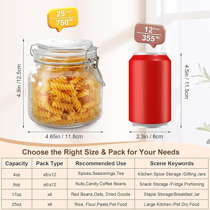 25oz Airtight Glass Jars with Lids, Set of 6 Food Storage Containers & Canisters, Clear Mason Jars with Clamp Seal for Canning, Cereal, Coffee, Pasta, Sugar, Beans & Spices