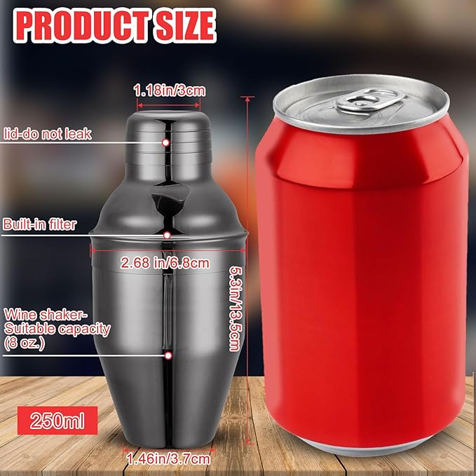 Nitial 6 Pcs Bar Cocktail Shaker Professional Stainless Steel Martini Drink Mixer Built-in Strainer for Bartending No Leaks Shaker for Bar Party Drink Mixer (Black,8 oz)