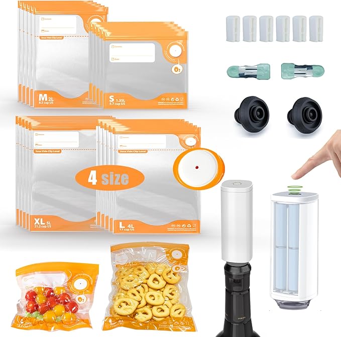 Compact Vacuum Sealer For Food, Powerful Handheld Vacuum Sealer Machin with 20Pcs Reusable Sous Vide Bags(4 SIZE), 4 Sealing Clip, 2 Clips for Sous Vide Cooking, 2 vacuum wine stoppers