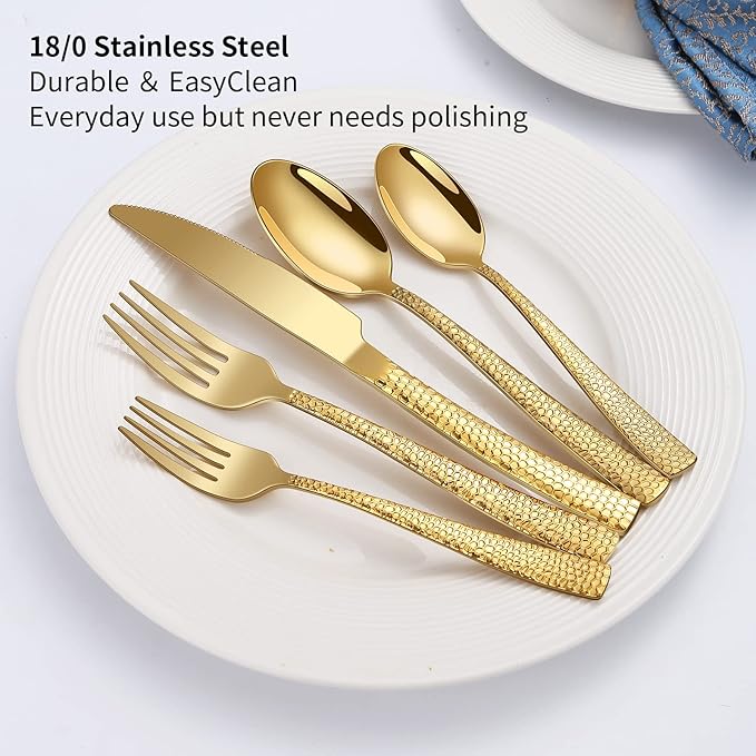 20-Piece Silverware Set, Gold Hammered Stainless Steel Flatware Sets for 4, Food-Grade Tableware Set, Including Fork Knife Spoon Set, Home Kitchen Cutlery Sets, Dishwasher Safe
