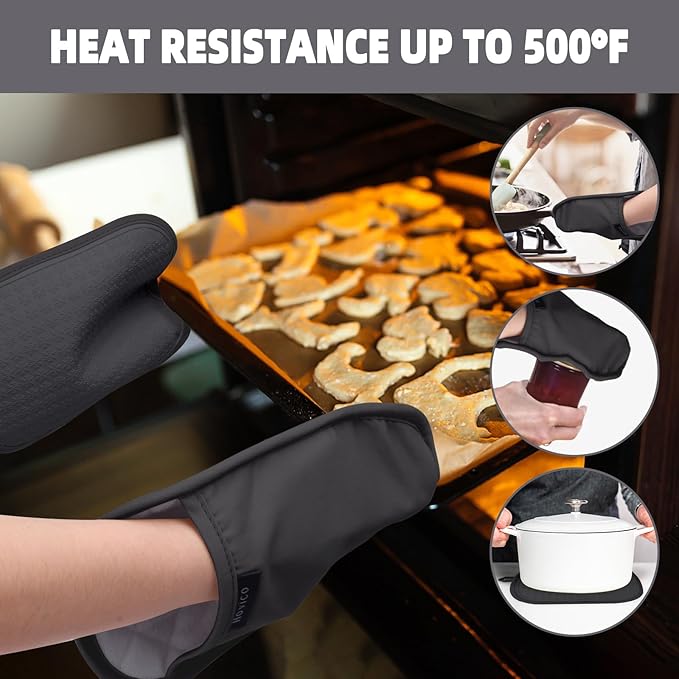 Hovico 2PCS Silicone Pot Holders, Oven Mitts Heat Resistant Hot Pads with Pockets, Non Slip Pot Holder for Kitchen Baking and Cooking| 9.8 x 7 Inches | Towel Cloth Interior Lining - Black