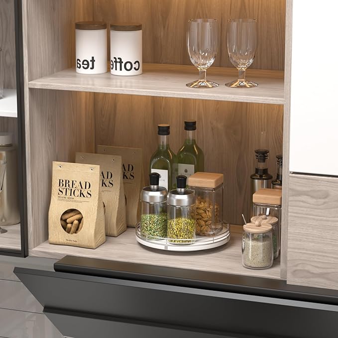 9" Oak Wood Lazy Susan Organizer, Lazy Susan for Cabinet Dining Table Pantry Wood Turntable Organizer Tray for Coffee Table Kitchen Countertop Salt Pepper Spice Organization and Storage Round Silver