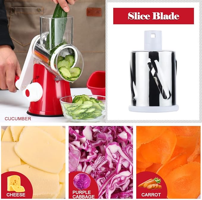 Ourokhome Rotary Cheese Grater Hand Crank, Kitchen Shredder Speed Mandolin Slicer Nut Grinder with Handle and Drum Blades for Cheese, Vegetable, Walnut, Chocolate, Potato, Carrot, 3 Blades, Red