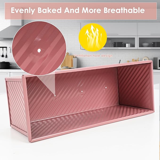Premium Pink 13-inch Pullman Loaf Pan with Lid - Perfect for Baking Professional-Grade Sandwich Bread, PFOA & PTFE Free, Healthy & Stylish Non-Stick Bread Loaf Pan for Homemade Bread